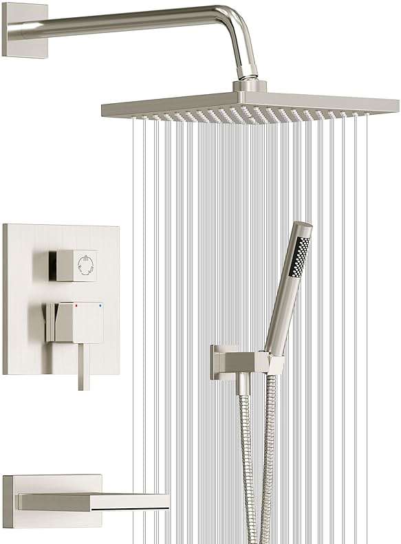 Esnbia Shower System with Tub Spout, Wall Mounted Bathtub Shower Faucet Set, 10 Inch Rain Shower Head and Handheld Shower Head Set, High Pressure Tub Shower Kit with Shower Valve, Brushed Nickel - Image 1