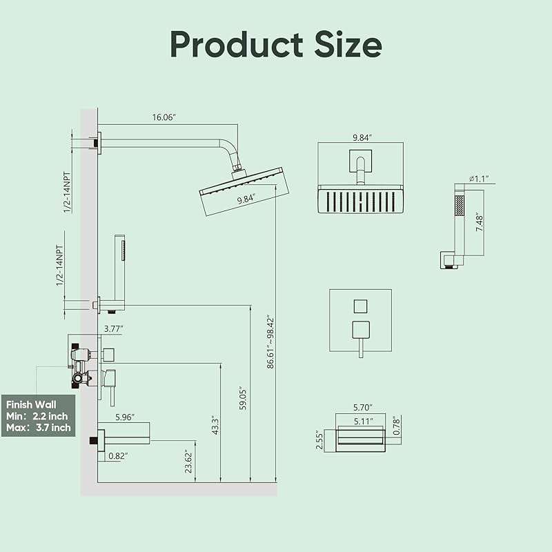 Esnbia Shower System with Tub Spout, Wall Mounted Bathtub Shower Faucet Set, 10 Inch Rain Shower Head and Handheld Shower Head Set, High Pressure Tub Shower Kit with Shower Valve, Brushed Nickel - Image 3