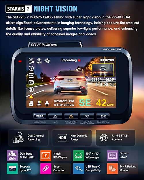 ROVE R2-4K DUAL Dash Cam Front and Rear, STARVIS 2 Sensor, FREE 128GB Card Included, 5G WiFi - up to 20MB/s Fastest Download Speed with App, 4K 2160P/FHD Dash Camera for Cars, 3" IPS, 24H Parking Mode - Image 4
