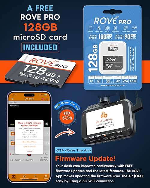 ROVE R2-4K DUAL Dash Cam Front and Rear, STARVIS 2 Sensor, FREE 128GB Card Included, 5G WiFi - up to 20MB/s Fastest Download Speed with App, 4K 2160P/FHD Dash Camera for Cars, 3" IPS, 24H Parking Mode - Image 8