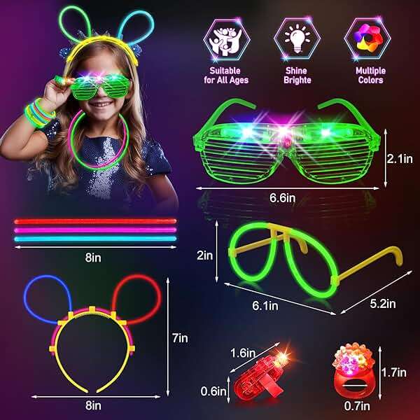HONLYNE Glow in the Dark Supplies for Kids Adults, Light Up Party Favors, 56 LED Light Up Toys, 100 Glow Sticks Bulk Party Pack DIY Glasses Headbands Necklaces for Neon Party Supplies & Decorations - Image 2