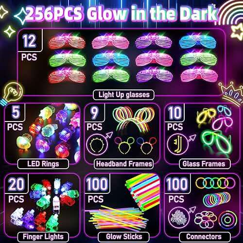 HONLYNE Glow in the Dark Supplies for Kids Adults, Light Up Party Favors, 56 LED Light Up Toys, 100 Glow Sticks Bulk Party Pack DIY Glasses Headbands Necklaces for Neon Party Supplies & Decorations - Image 3