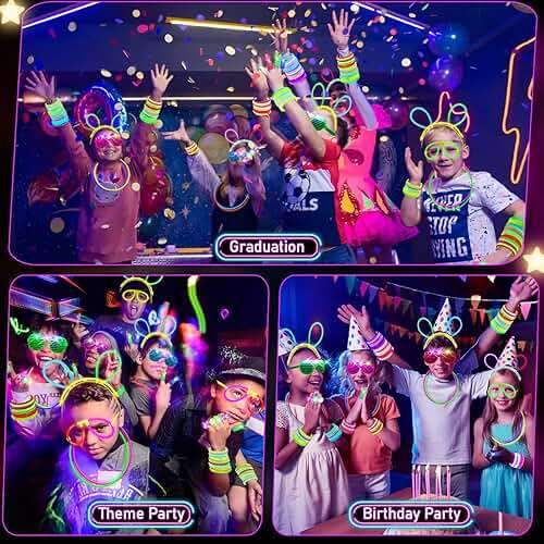 HONLYNE Glow in the Dark Supplies for Kids Adults, Light Up Party Favors, 56 LED Light Up Toys, 100 Glow Sticks Bulk Party Pack DIY Glasses Headbands Necklaces for Neon Party Supplies & Decorations - Image 4