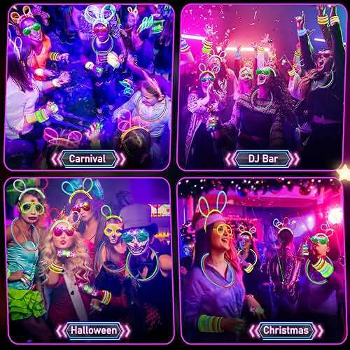 HONLYNE Glow in the Dark Supplies for Kids Adults, Light Up Party Favors, 56 LED Light Up Toys, 100 Glow Sticks Bulk Party Pack DIY Glasses Headbands Necklaces for Neon Party Supplies & Decorations - Image 5