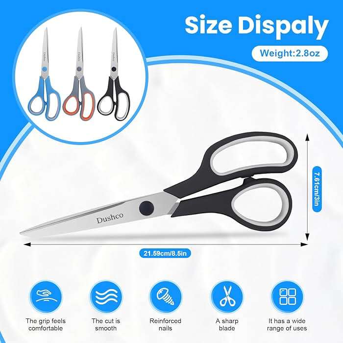Scissors, Dushco 8.5 Inch Multipurpose Scissors Bulk Set of 3 Pack, Ultra Sharp 2.5mm Thick Scissor for Office Home School Sewing Fabric Craft Supplies, Soft Comfort-Grip Right/Left Hand - Image 3
