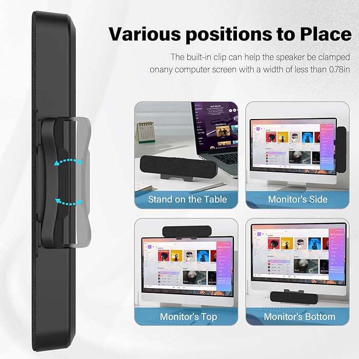 OGUPGX Computer Speakers for Desktop Pc, Monitor Speakers for Laptop,Pc Speakers with Loud Sound,Volume Control Easily Clamps to Monitors(USB-C to USB Adapter Included) (Black) - Image 3