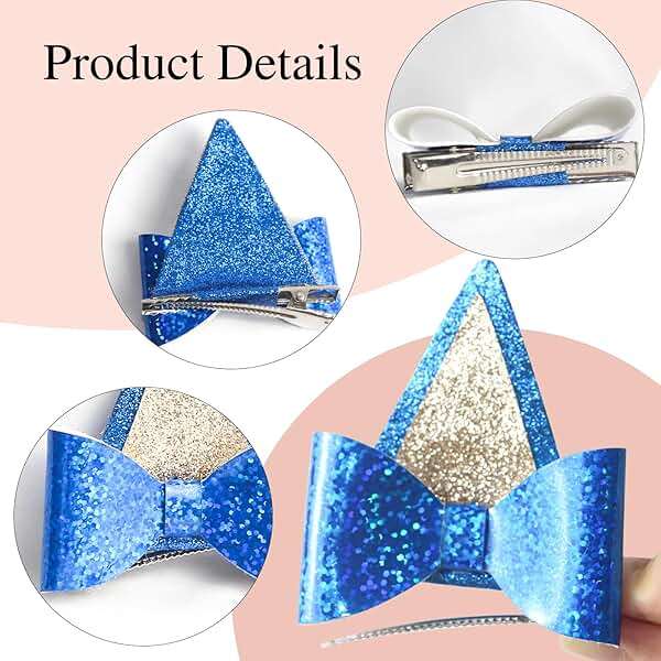 6 PCS Blue Ears Hair Clips, Glitter Bow Hair Barrettes Hair Accessories for Halloween Costume Cosplay Theme Party Supplies Birthday Decorations - Image 2