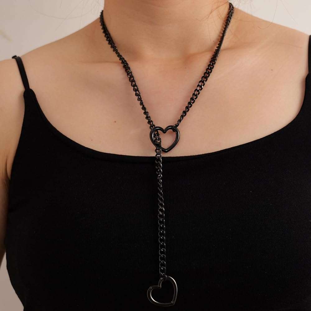 sroyte Heart Slip Chain Necklaces for Women,Stainless Steel O-Ring Adjustable Lariat Y-Necklace,Punk Gothic Cuban Collar Choker Necklace for women - Image 3