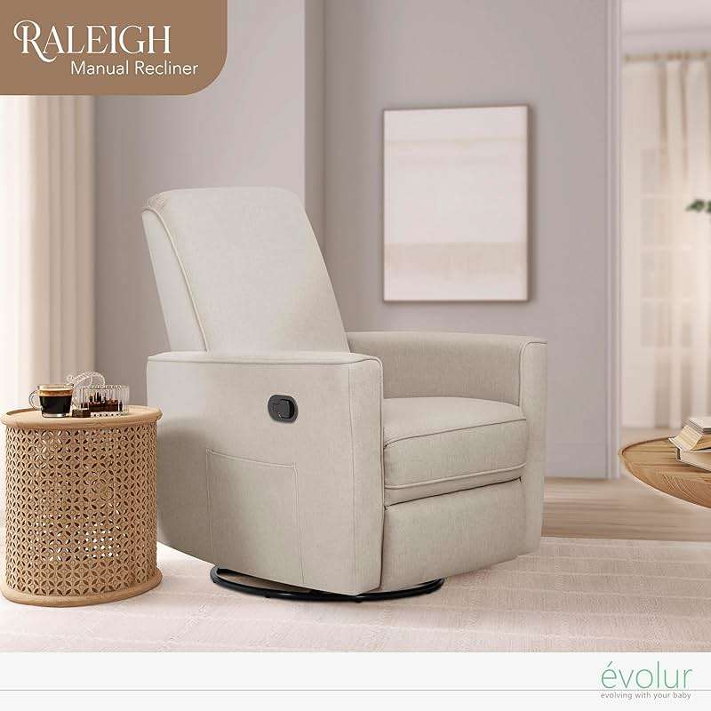 Evolur Raleigh Upholstered Manual Glider Recliner– Rocking & 360° Swivel with Smooth Glide – Greenguard Gold & FSC Certified – Modern Nursery and Living Room Chair in Light Sand - Image 2