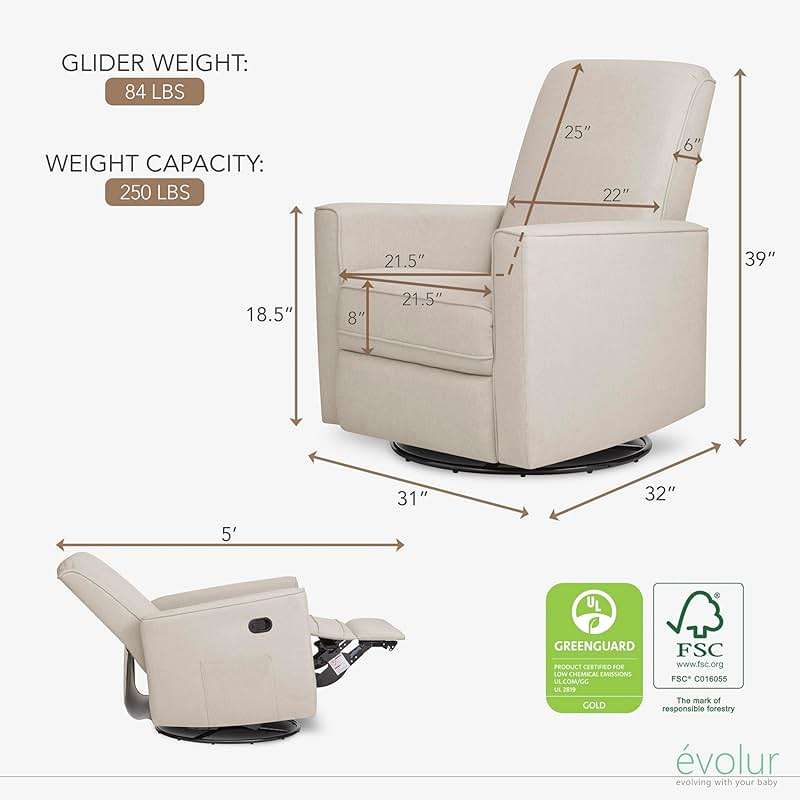 Evolur Raleigh Upholstered Manual Glider Recliner– Rocking & 360° Swivel with Smooth Glide – Greenguard Gold & FSC Certified – Modern Nursery and Living Room Chair in Light Sand - Image 3