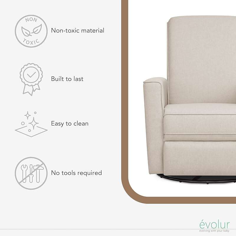Evolur Raleigh Upholstered Manual Glider Recliner– Rocking & 360° Swivel with Smooth Glide – Greenguard Gold & FSC Certified – Modern Nursery and Living Room Chair in Light Sand - Image 4