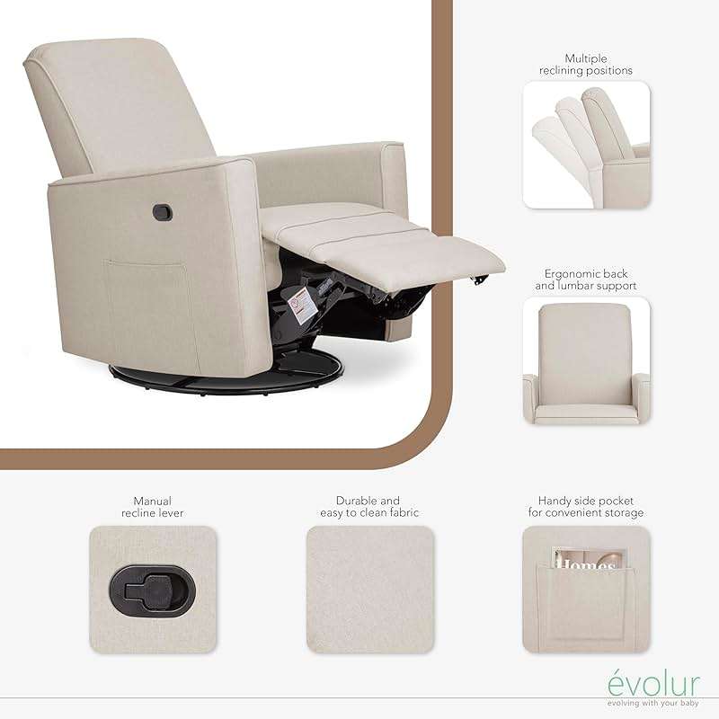Evolur Raleigh Upholstered Manual Glider Recliner– Rocking & 360° Swivel with Smooth Glide – Greenguard Gold & FSC Certified – Modern Nursery and Living Room Chair in Light Sand - Image 5