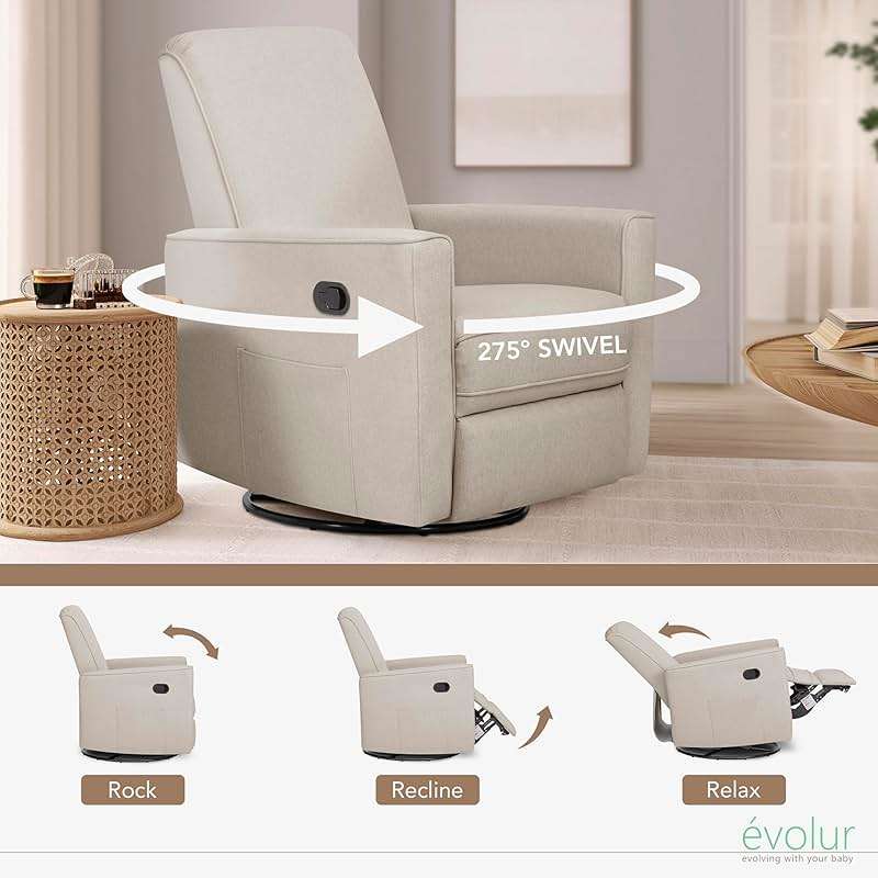 Evolur Raleigh Upholstered Manual Glider Recliner– Rocking & 360° Swivel with Smooth Glide – Greenguard Gold & FSC Certified – Modern Nursery and Living Room Chair in Light Sand - Image 6