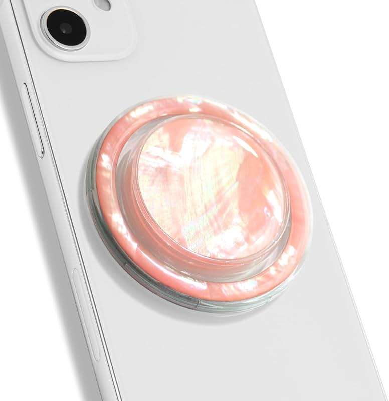 On The Grip Magnetic Phone Grip for MagSafe, Genuine Natural Crystal & Seashell Stone, Swappable Top, Strong Magnet Holder & Kickstand for iPhone 15 14 13 12 Pro Max Plus & MagSafe Cases (Peach) - Image 1