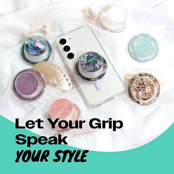 On The Grip Magnetic Phone Grip for MagSafe, Genuine Natural Crystal & Seashell Stone, Swappable Top, Strong Magnet Holder & Kickstand for iPhone 15 14 13 12 Pro Max Plus & MagSafe Cases (Peach) - Image 3