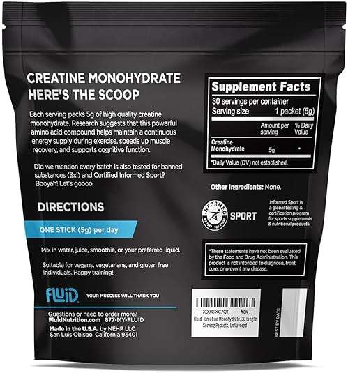 Fluid Creatine - Informed Sport Certified | Ultra-Fine Micronized 100% Creatine Monohydrate Powder | Unflavored | 5g Travel Stick Packs | 30 Servings - Image 2