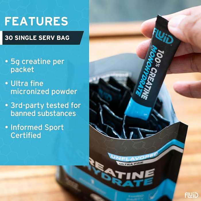 Fluid Creatine - Informed Sport Certified | Ultra-Fine Micronized 100% Creatine Monohydrate Powder | Unflavored | 5g Travel Stick Packs | 30 Servings - Image 4