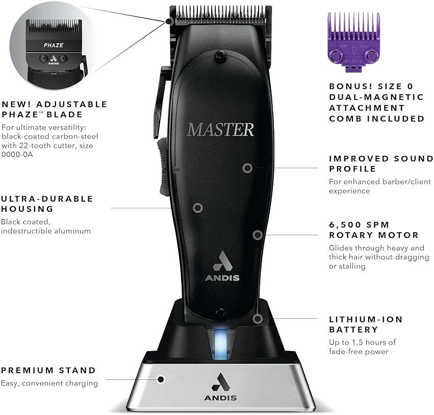 Andis Black Label MLC Professional Master Cordless Lithium-Ion Hair Clipper, Adjustable Carbon Steel Blade for Close Cutting, Black - Image 2
