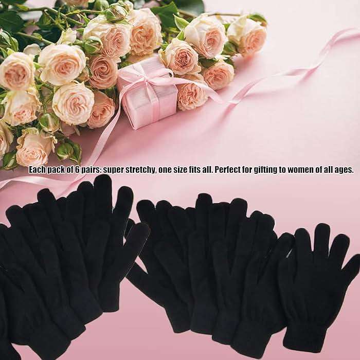 CELCOREERY 6 Pairs Winter Magic Gloves Adults Warm Stretchy Cold Weather Mittens Unisex Black Gloves One Size Fits Most Men Women Teens Knit Gloves - Image 3