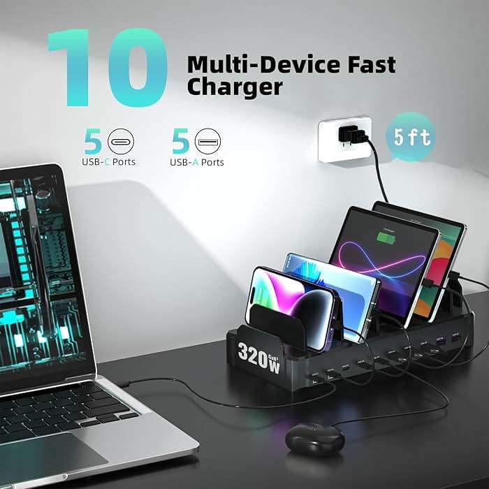 420W Charging Station for Multiple Devices, Zobirez 10-Port USB C Fast Charger Stations for MacBook, iPhone, Android Cell Phone, iPad, Tablet, Family Multi-Device Organizer Charging Dock, Black - Image 6
