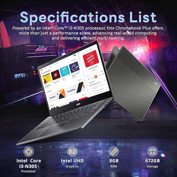 acer Chromebook Plus 14" FHD Touchscreen Laptop, Intel i3-N305 Processor, 8GB LPDDR5 RAM, 672GB Storage (512GB SSD+160GB Docking Station Set), Intel UHD Graphics, Wi-Fi 6E, Chrome OS, Gray - Image 3