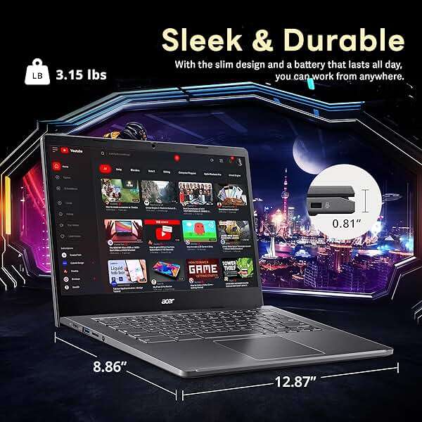 acer Chromebook Plus 14" FHD Touchscreen Laptop, Intel i3-N305 Processor, 8GB LPDDR5 RAM, 672GB Storage (512GB SSD+160GB Docking Station Set), Intel UHD Graphics, Wi-Fi 6E, Chrome OS, Gray - Image 8