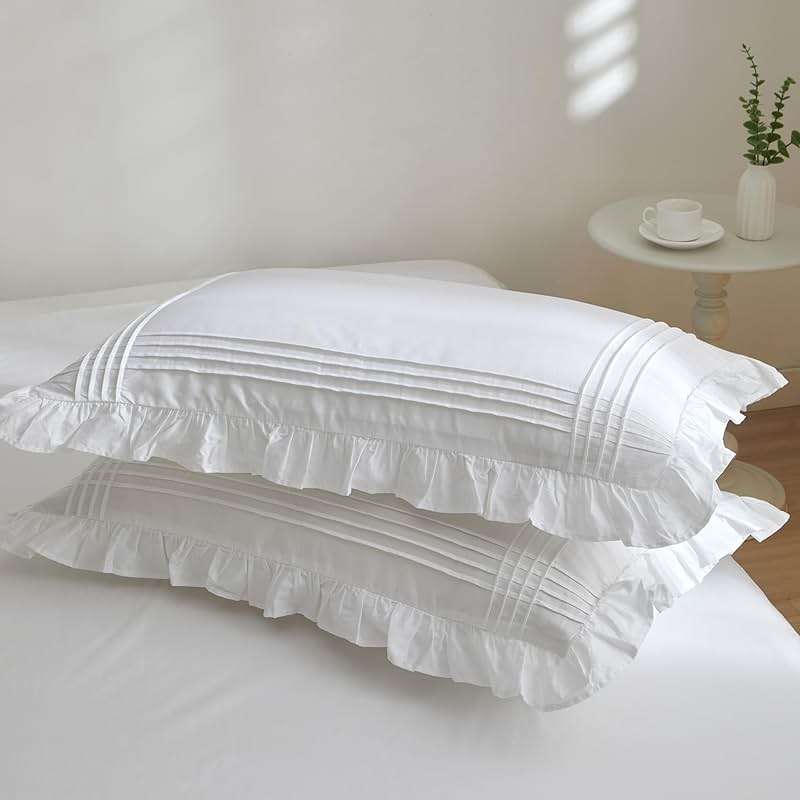 Ranznaz Ruffled Pillow Shams Standard Size Set of 2, 100% Cotton White Ruffle Pillow Cases with Pintucks, Farmhouse French Shabby Chic Pillowcases for Bedding, 20x26 Inch - Image 1
