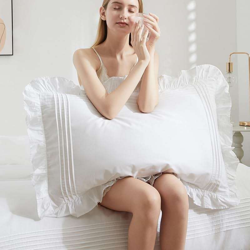 Ranznaz Ruffled Pillow Shams Standard Size Set of 2, 100% Cotton White Ruffle Pillow Cases with Pintucks, Farmhouse French Shabby Chic Pillowcases for Bedding, 20x26 Inch - Image 2