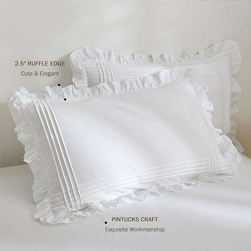 Ranznaz Ruffled Pillow Shams Standard Size Set of 2, 100% Cotton White Ruffle Pillow Cases with Pintucks, Farmhouse French Shabby Chic Pillowcases for Bedding, 20x26 Inch - Image 6