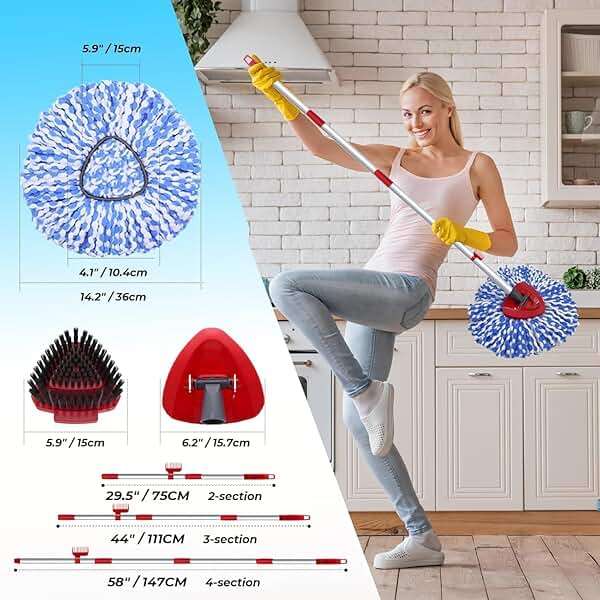 2 Pack Spin Mop Heads Replacement Compatible with O Cedar RinseClean 2 Tank, Upgraded Scrub Brush,4 Section Mop Handle and 1 Base Combo Set, Microfiber Replace Head Refill - Image 5