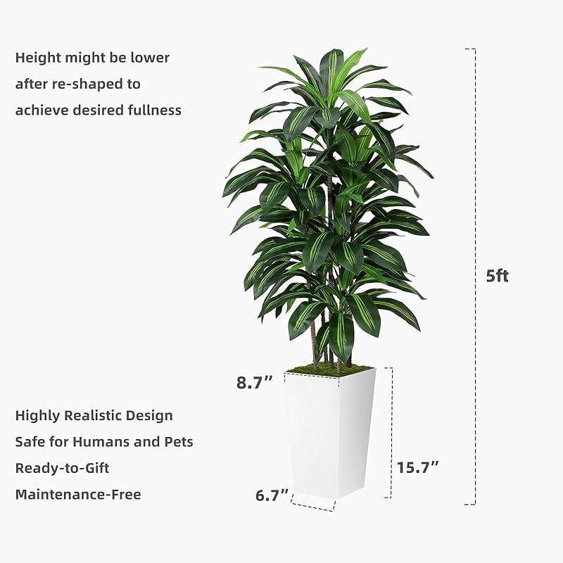 Artificial Dracaena Tree 5FT - Fake Tree with Black Tall Planter - Faux Yucca Tall Fake Floor Plant in Pot - Artificial Plant for Home Office Living Room Decor Indoor - Image 3