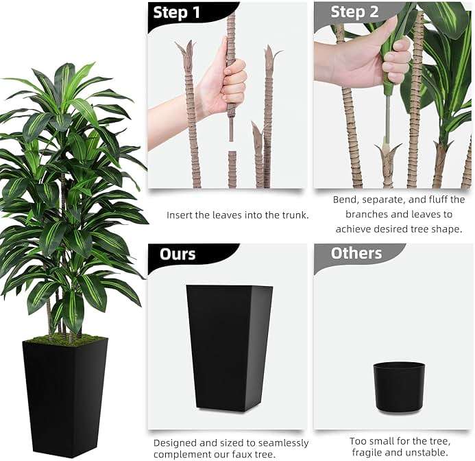 Artificial Dracaena Tree 5FT - Fake Tree with Black Tall Planter - Faux Yucca Tall Fake Floor Plant in Pot - Artificial Plant for Home Office Living Room Decor Indoor - Image 6