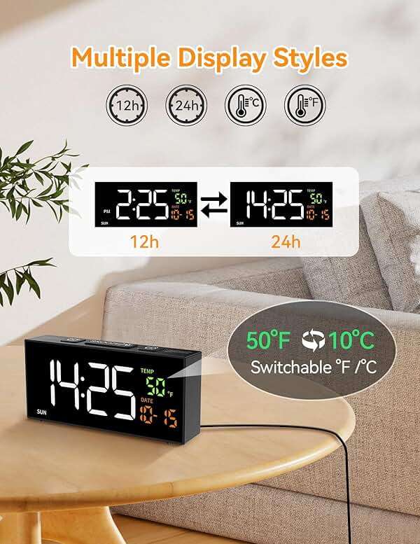 Netzu Alarm Clocks for Bedrooms, Digital Clock with Date Temperature and Weekday, Manual DST, Snooze, 2 Alarms, 4 Volumes for Living Room Home Bedside Desk (Black) - Image 6