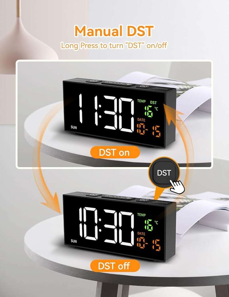 Netzu Alarm Clocks for Bedrooms, Digital Clock with Date Temperature and Weekday, Manual DST, Snooze, 2 Alarms, 4 Volumes for Living Room Home Bedside Desk (Black) - Image 7