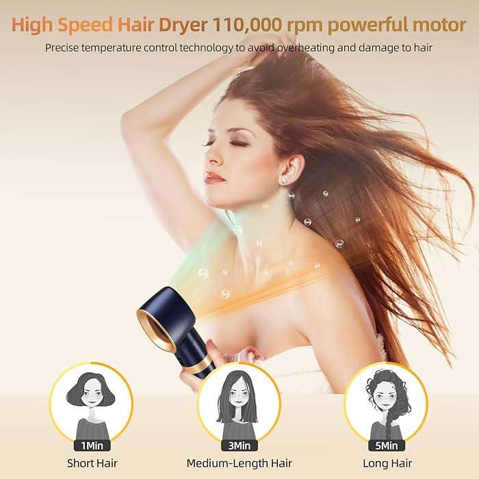 T-GOGO Hair Dryer Brush Professional: 6 in 1 Hot Air Hair Styler & Dryer Set, Powerful Hair Air Curling Iron High-Speed Negative Ionic Blow Dryer, Auto-Wrap, No Heat Damage (Dark Blue) - Image 6