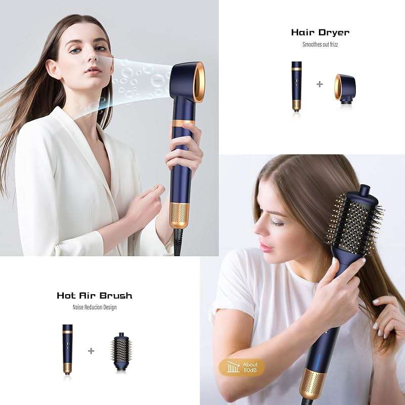 T-GOGO Hair Dryer Brush Professional: 6 in 1 Hot Air Hair Styler & Dryer Set, Powerful Hair Air Curling Iron High-Speed Negative Ionic Blow Dryer, Auto-Wrap, No Heat Damage (Dark Blue) - Image 8