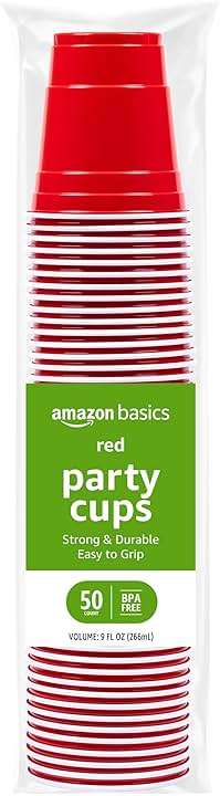 Amazon Basics Small Disposable Red Plastic Party Cups, BPA-Free, 9oz, 50 Count - Image 1