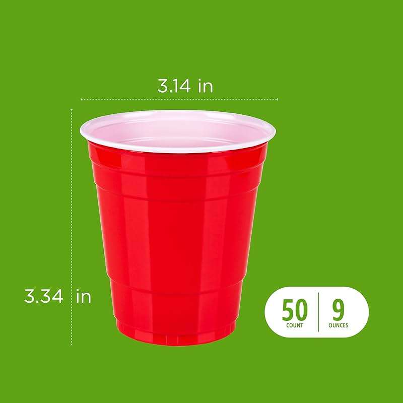 Amazon Basics Small Disposable Red Plastic Party Cups, BPA-Free, 9oz, 50 Count - Image 5