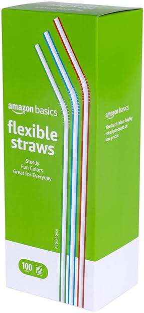 Amazon Basics Disposable Striped Plastic Flex Straws, BPA Free, Food-Safe, 7.5" Long, Assorted Colors, 100 Count - Image 1