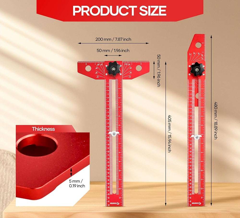 Saker Woodworking Scriber Marking Line Ruler, Adjustable Aluminum Alloy Sliding T-Square Ruler,Precision Line Drawing aid Ruler with Angle Adjustment Scale - Image 2