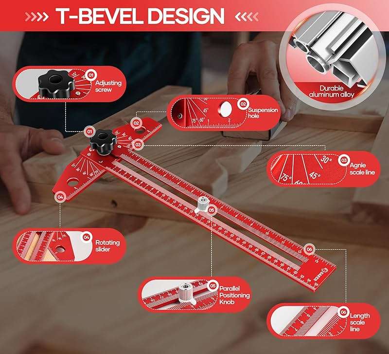 Saker Woodworking Scriber Marking Line Ruler, Adjustable Aluminum Alloy Sliding T-Square Ruler,Precision Line Drawing aid Ruler with Angle Adjustment Scale - Image 3