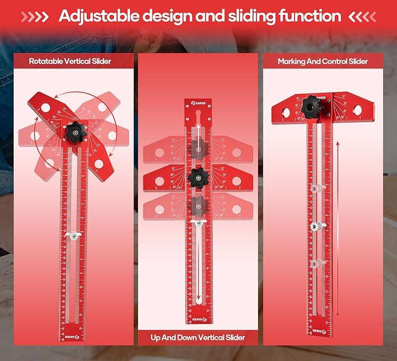 Saker Woodworking Scriber Marking Line Ruler, Adjustable Aluminum Alloy Sliding T-Square Ruler,Precision Line Drawing aid Ruler with Angle Adjustment Scale - Image 6