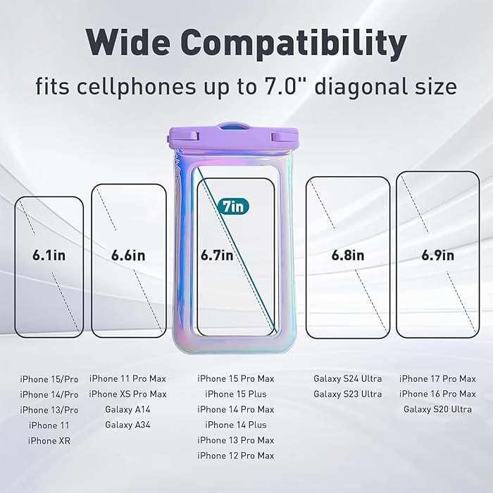 Foweroty Floatable Waterproof Phone Pouch Case for iPhone 17 16 Pro Max/15/14/13/12, IP68 Travel Cellphone Dry Bag Beach Cruise Ship Essentials Bags with Crossbody Lanyard, Iridescent Purple - 7″ - Image 2