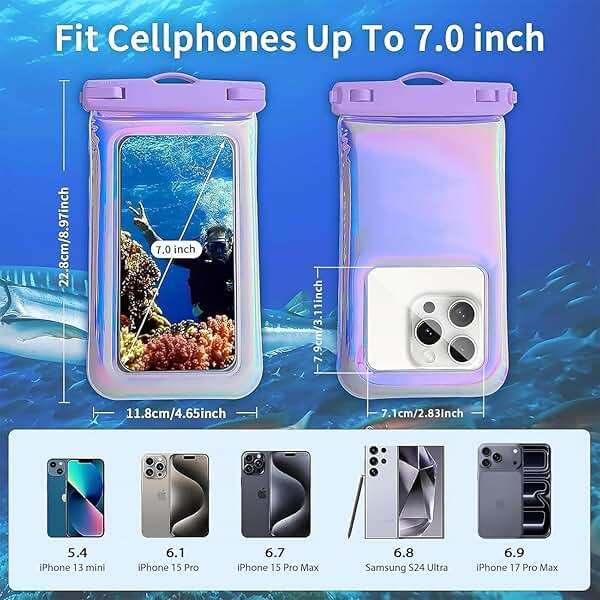 Foweroty Floatable Waterproof Phone Pouch Case for iPhone 17 16 Pro Max/15/14/13/12, IP68 Travel Cellphone Dry Bag Beach Cruise Ship Essentials Bags with Crossbody Lanyard, Iridescent Purple - 7″ - Image 3