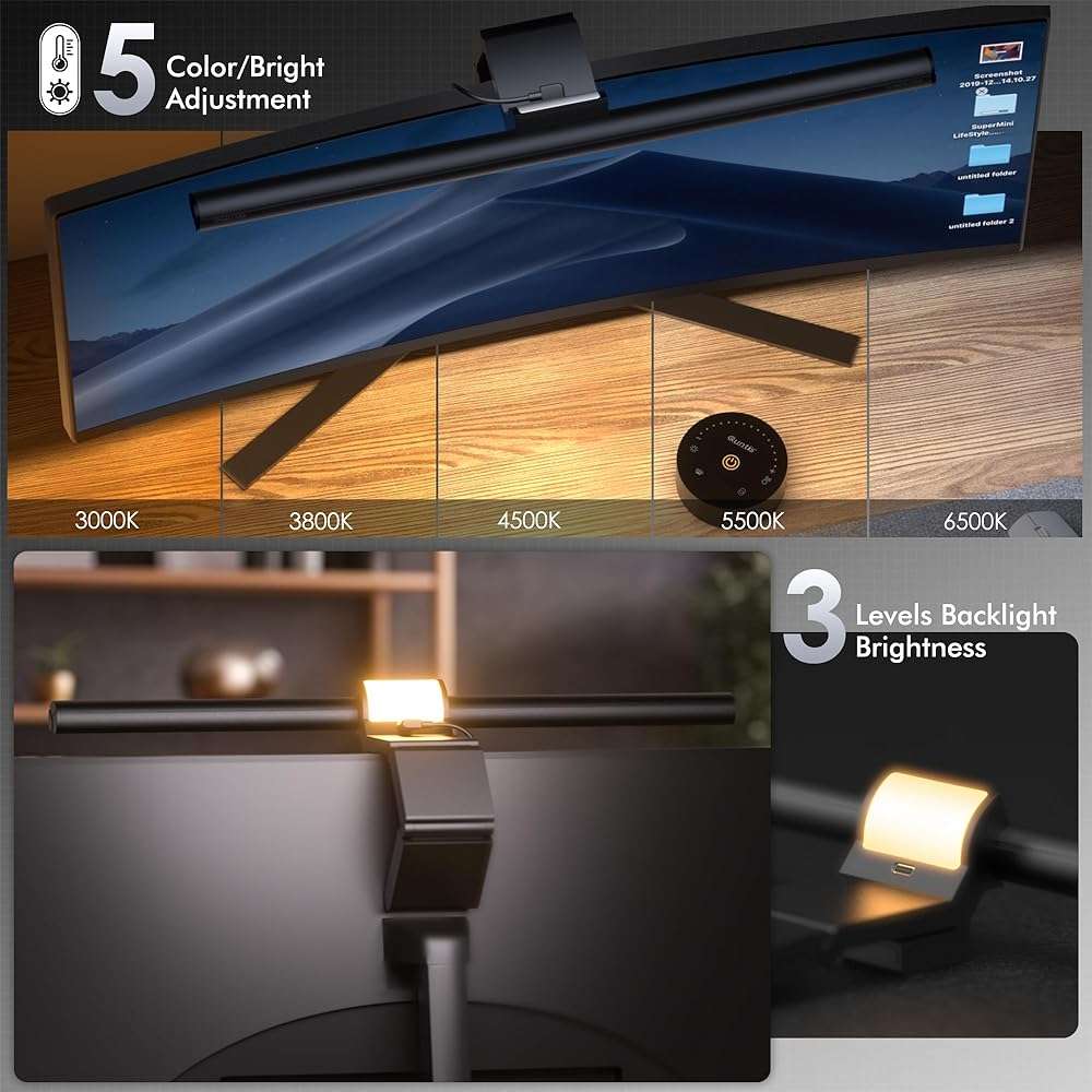 Quntis Monitor Light Bar with Remote, 16.7'' Eye Care No Glare Computer Light Bar with Backlight, Auto-Dimming & Timer, Stepless Dimming Monitor Lamp for Desk Gaming Home Office Curved Monitors - Image 4