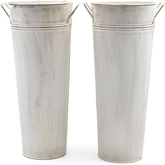 Hosley Set of 2 White Metal French Bucket with Handles & PVC Liner, 6" Dia x 15" H for Weddings, Parties, Country Picnics, Floral Arrangements, Tableware Storage, or Gardens - Rustic Farmhouse Décor - Image 1
