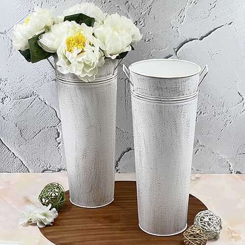 Hosley Set of 2 White Metal French Bucket with Handles & PVC Liner, 6" Dia x 15" H for Weddings, Parties, Country Picnics, Floral Arrangements, Tableware Storage, or Gardens - Rustic Farmhouse Décor - Image 2