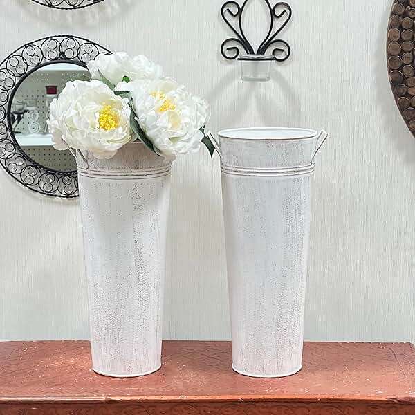 Hosley Set of 2 White Metal French Bucket with Handles & PVC Liner, 6" Dia x 15" H for Weddings, Parties, Country Picnics, Floral Arrangements, Tableware Storage, or Gardens - Rustic Farmhouse Décor - Image 6