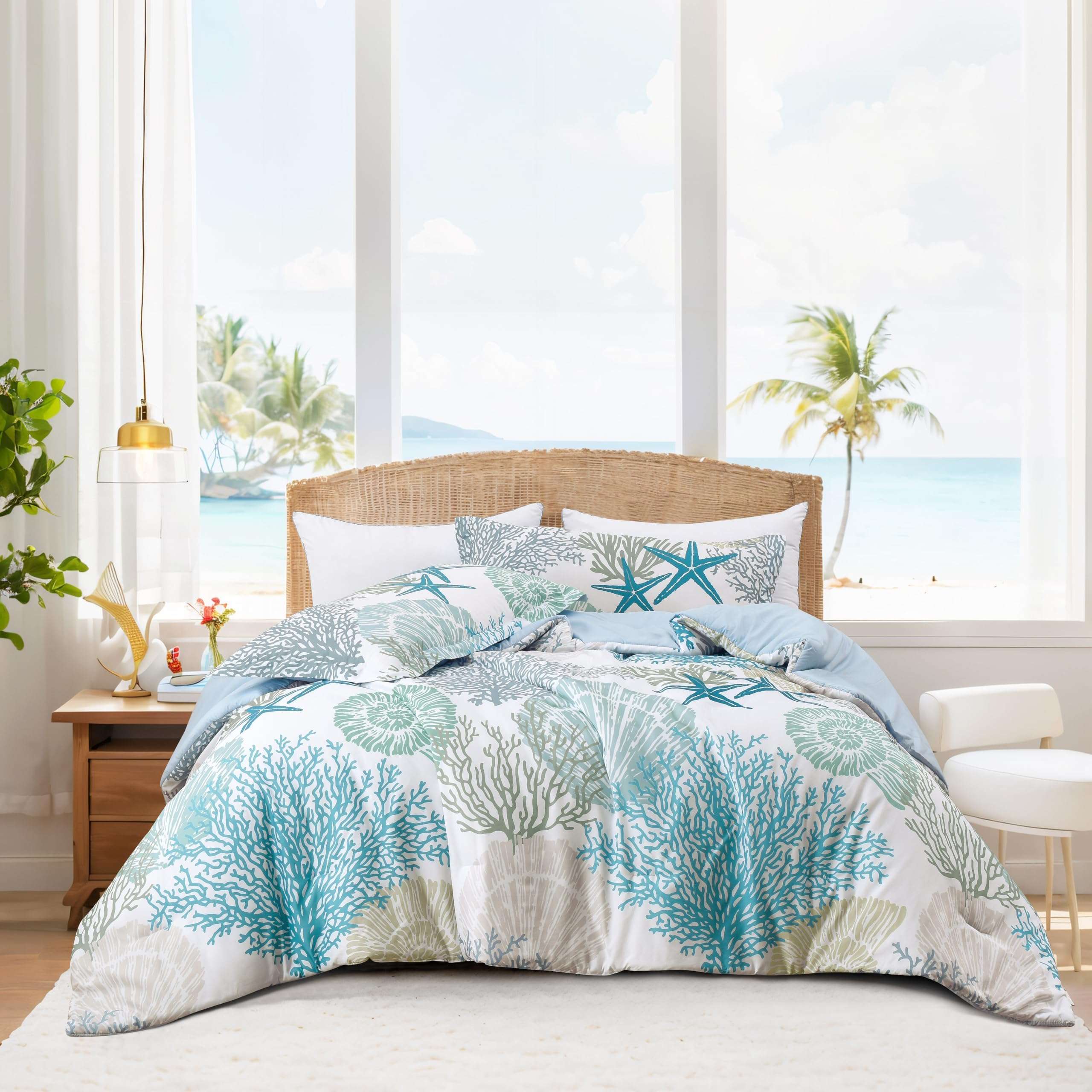Tritard Coastal Comforter Set Queen Size 3 Piece, Soft Beach Themed Comforter, Ocean Nautical Lightweight Bedding Sets for All Seasons, (1 Reversible Comforter and 2 Pillow Shams), 90''x90'', C1 - Image 1