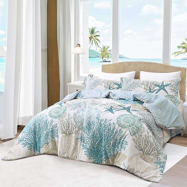 Tritard Coastal Comforter Set Queen Size 3 Piece, Soft Beach Themed Comforter, Ocean Nautical Lightweight Bedding Sets for All Seasons, (1 Reversible Comforter and 2 Pillow Shams), 90''x90'', C1 - Image 2